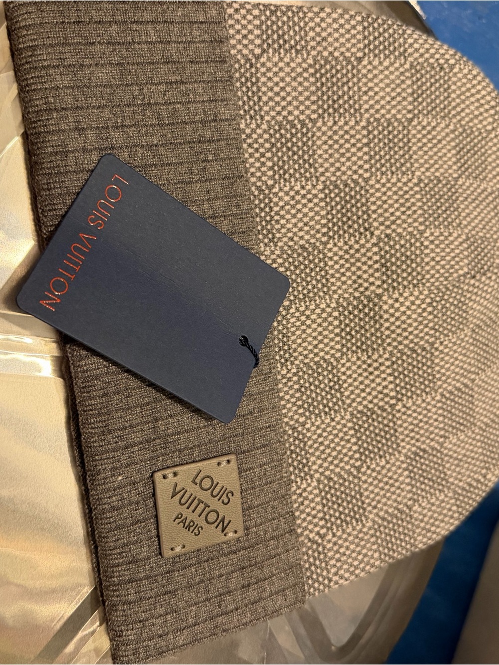 Louis Vuitton Gray Checkered Knit Scarf with Signature Patch